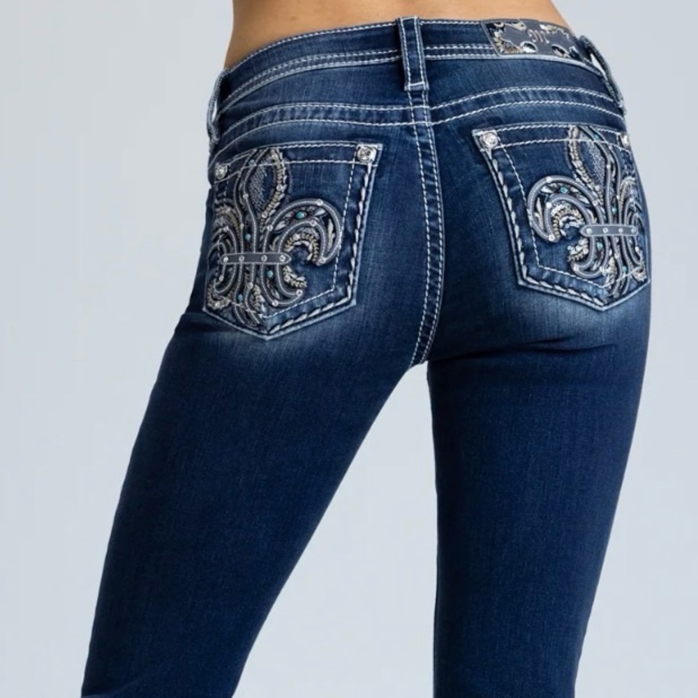 Miss Me Dark Blue Boot Cut Jeans with Silver Embellishments